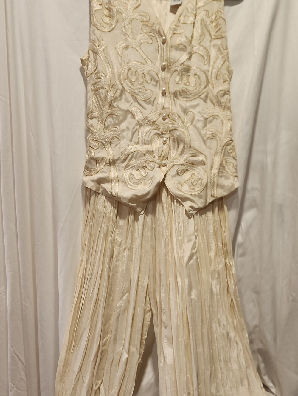 Vintage Jasmine Jumpsuit Embroidered Vest, Pleated Wide-Leg Bottom